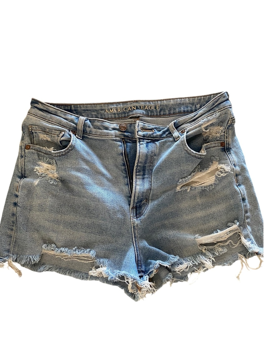 American Eagle Distressed Mom Jean Denim Shorts Light Wash Size 12 Frayed Hem